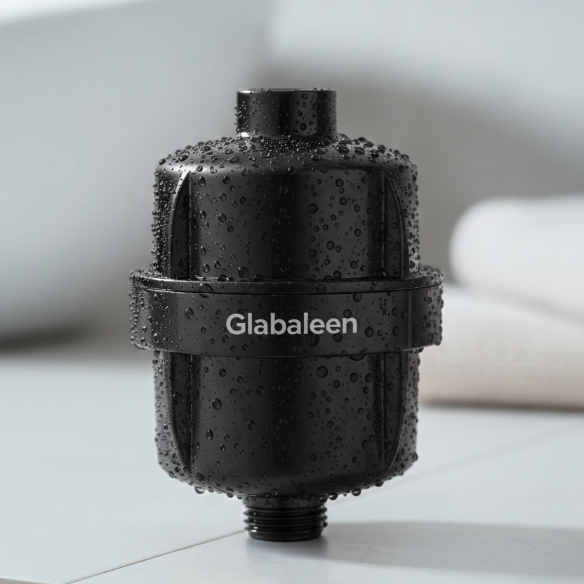 Globaleen 15-stage water filtration system in Matte Black for chlorine removal.