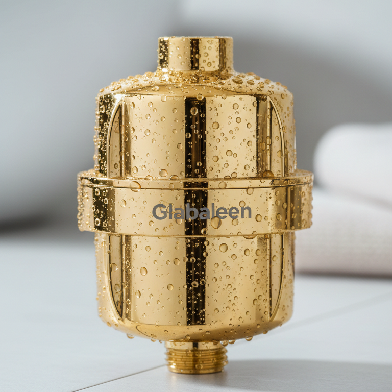 Luxury Globaleen High-Output multi-stage shower filter in Brushed Gold.