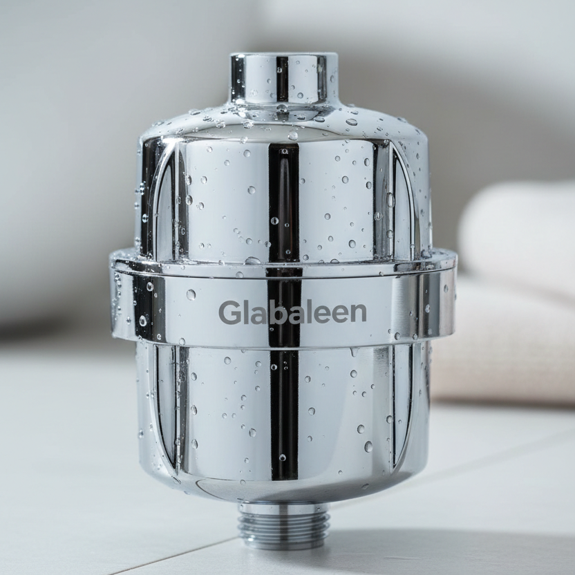 Globaleen Revitalizing High-Pressure Shower Filter in Polished Chrome finish.