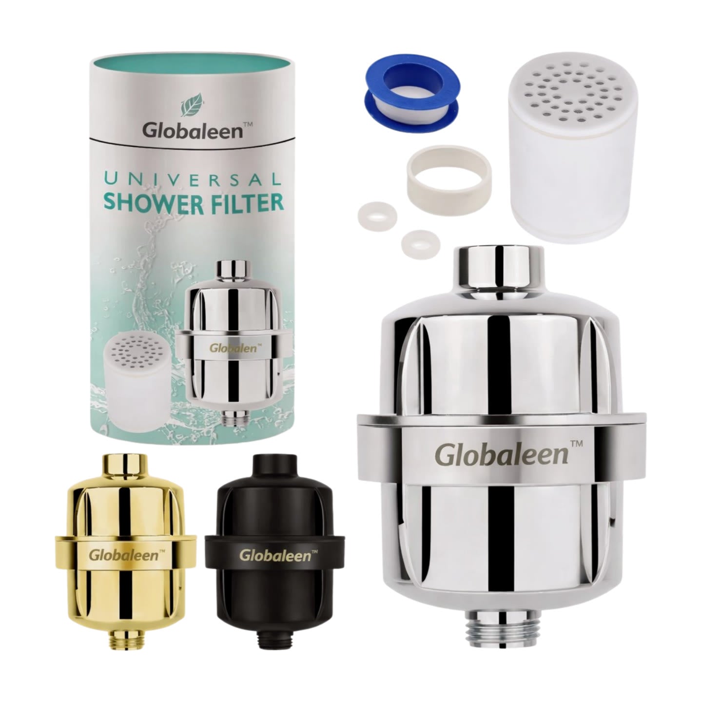 Long-lasting replacement filter cartridge for Globaleen 15-stage shower system.
