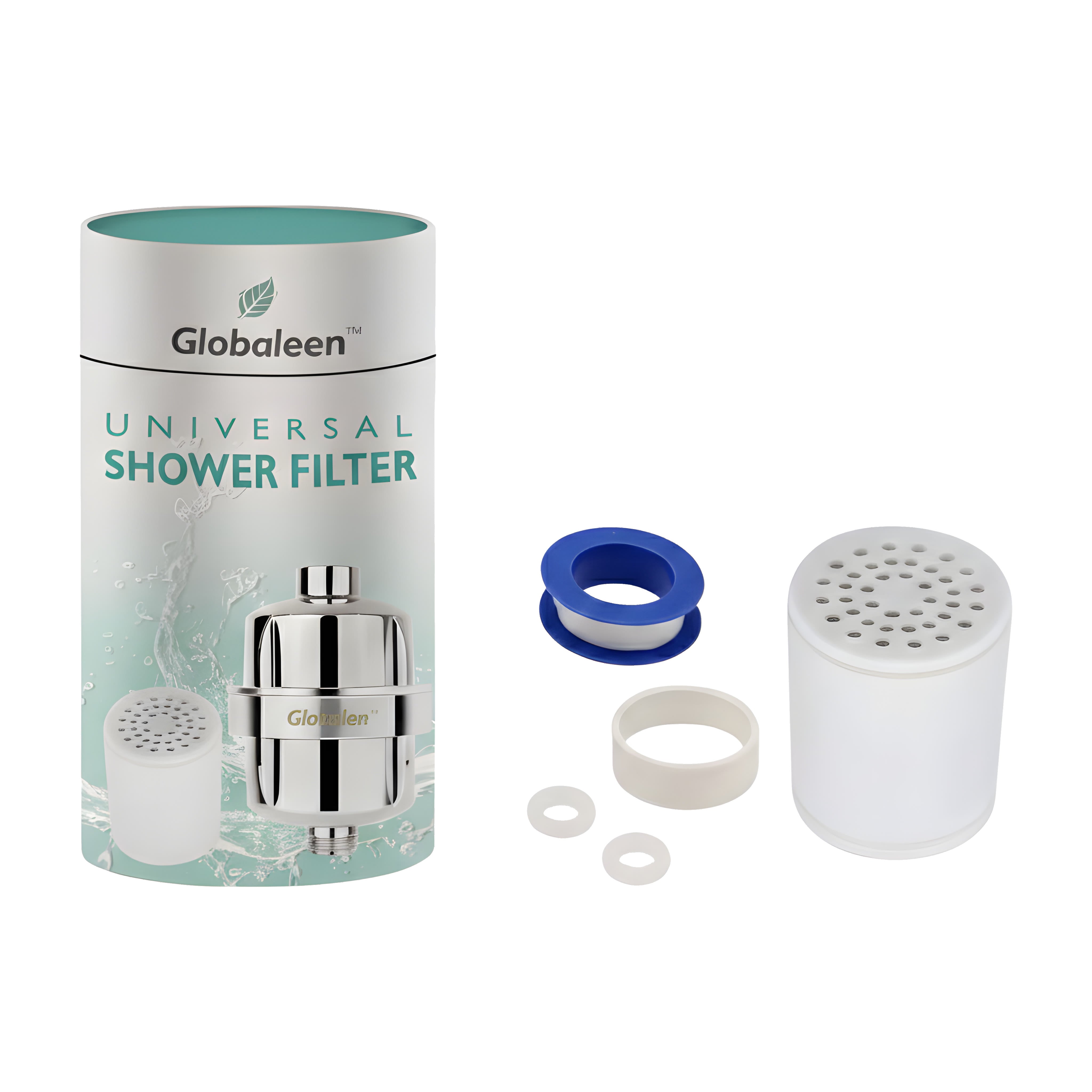 Long-lasting replacement filter cartridge for Globaleen 15-stage shower system.