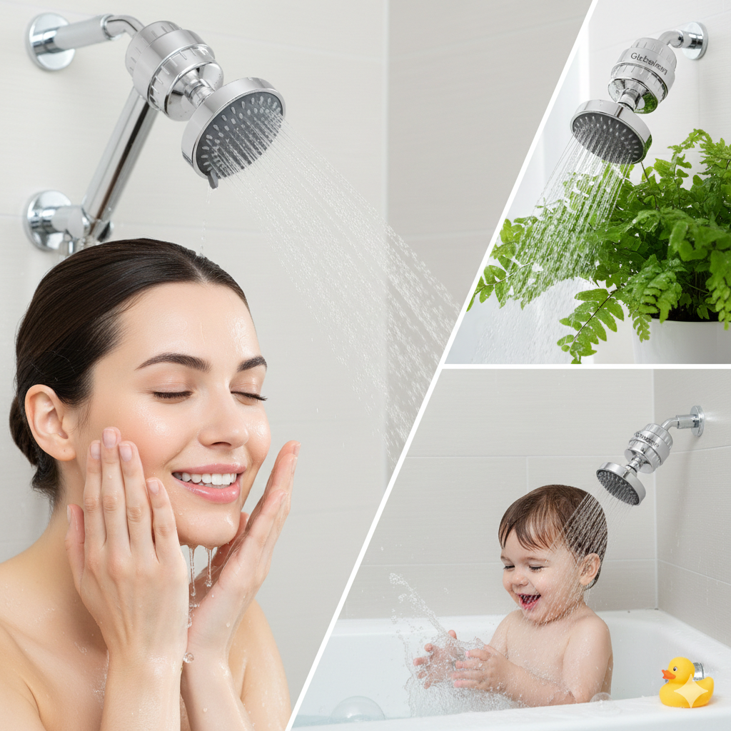 Woman smiling in shower with filtered water for healthier skin and hair.